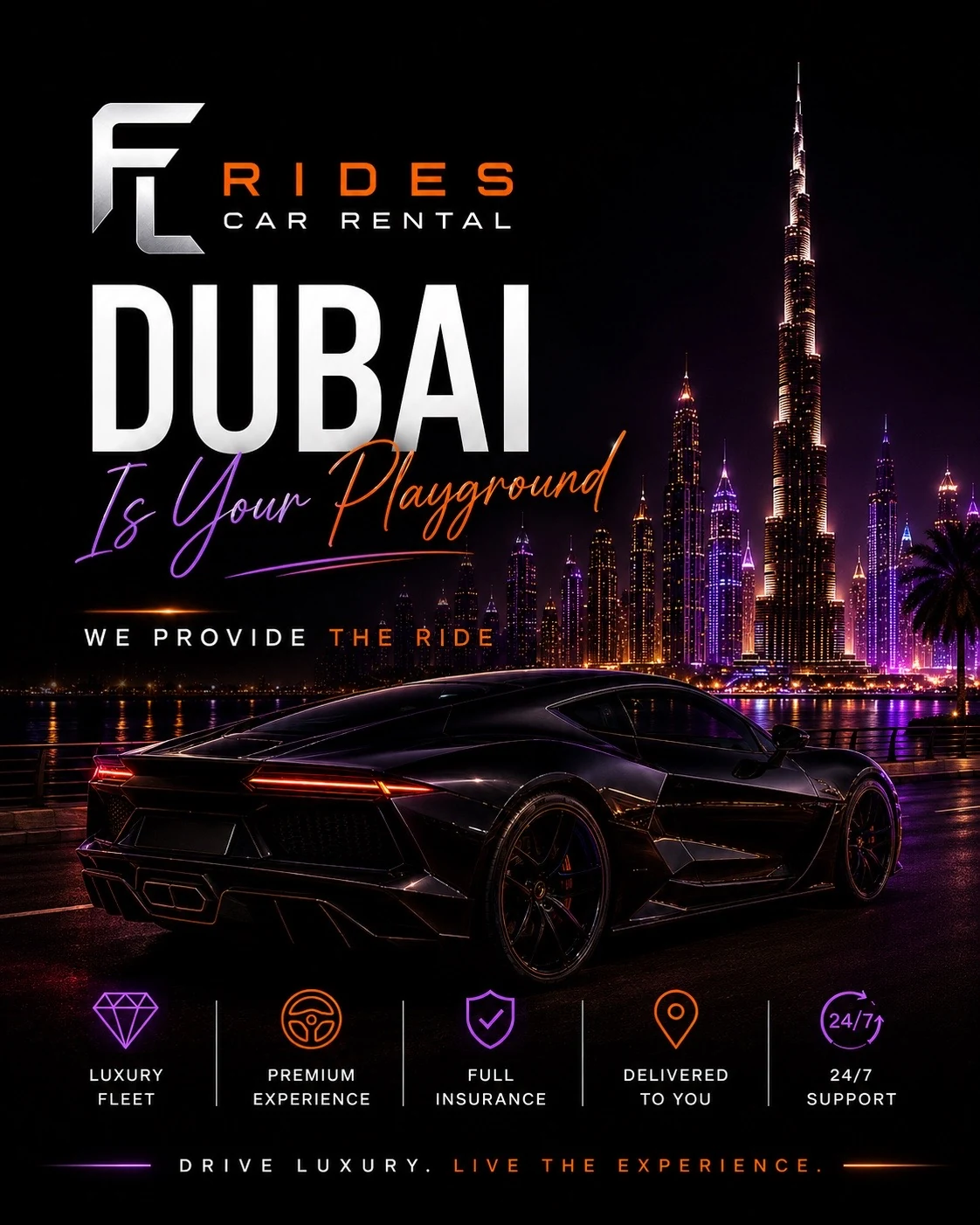 FL Rides Dubai luxury car rental visual