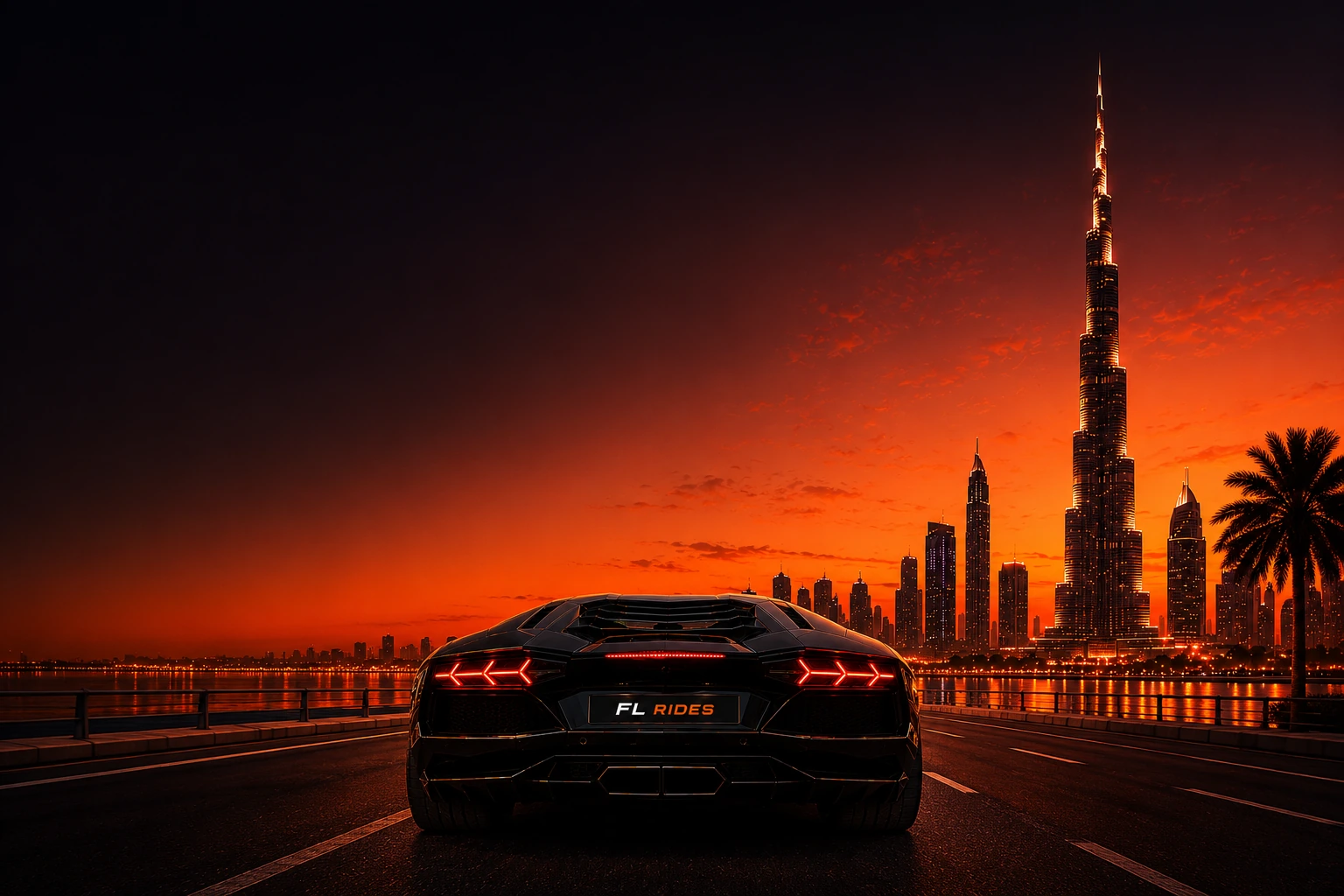 FL Rides luxury car rental in Dubai at sunset